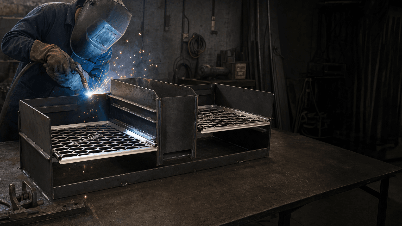 Steel fabricator welding a custom BraaiStal braai in the workshop
